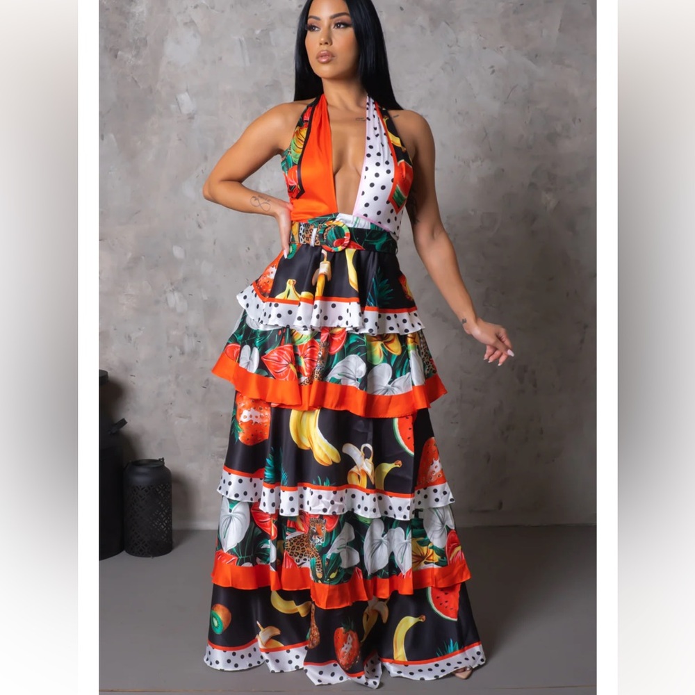 L'ATISTE Vibrant Fruit Print Maxi Dress
